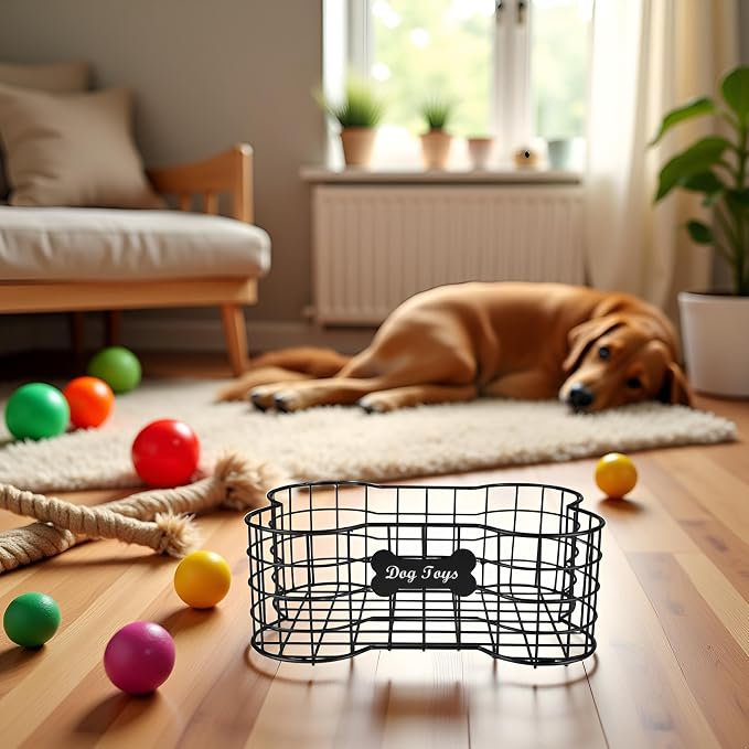 Metal dog toy bin basket bone shape designed outdoor dog toy storage great for collecting pet chew toys leashes clothing in living room area playroom closet shelf
