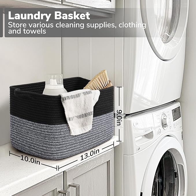 Goodpick Woven Storage Basket for Shelves, 13" x 10" x 9", Black & Gray | Decorative Gift Basket for Nursery & Bedroom, Cotton Rope Baskets for Toys, Books & Daily Essentials, Rectangle Design