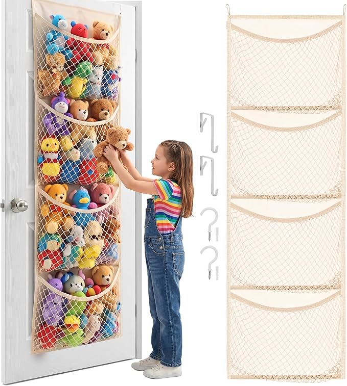 Cotton Over The Door Stuffed Animal Storage | Toy Organizer for Storage Plush Toys, Stuffed Animal Holder with 4 Large Pockets, Hanging Door Organizer for Nursery
