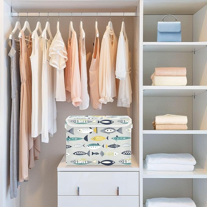 Storage Bins with Lid Fish Pattern Foldable Storage Boxes 40L Baskets | Decorative Storage Boxes, 300D Oxford Cloth, Hollow Board Frame, Flip Top Velcro Lid, 16.5x12.6x11.8 inch, Collapsible Design