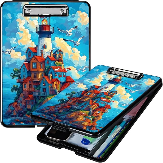 Heavy Duty Storage Clipboard, Slim Nursing Clipboard with Internal Pen Case, Portable File Organizer Case for A4 Letter Size Paper Office Medical Professionals, Blue Sky Castle