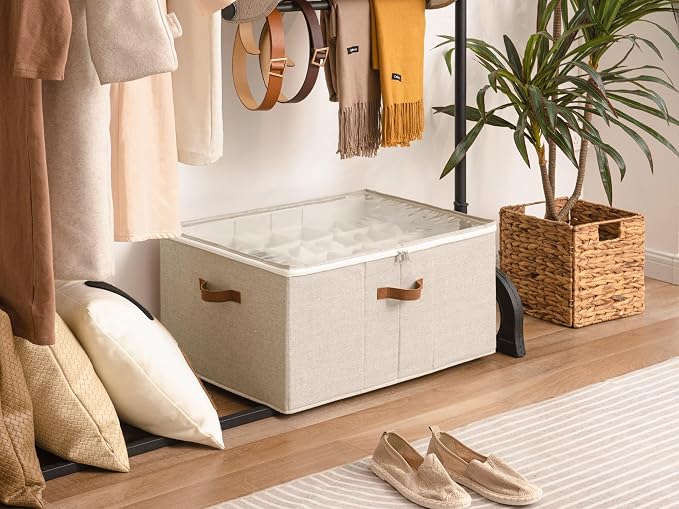 StorageWorks 24-Pair Large Shoe Storage Closet, Adjustable Dividers, Taupe | Holds up to 24 Pairs, Foldable, Clear Lid, Reinforced Handles, Fits Sneakers, Boots & Heels, For Mudroom, Living Room