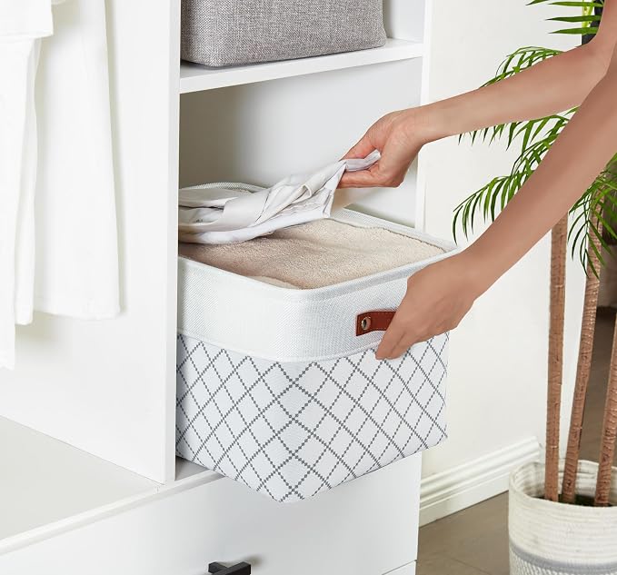 DECOMOMO Storage Bins, Large Fabric Storage Baskets for Shelves 3 Pack | 15 x 11 x 9.5 inches Decorative Linen Closet Organizers with Handles (Checkered White)