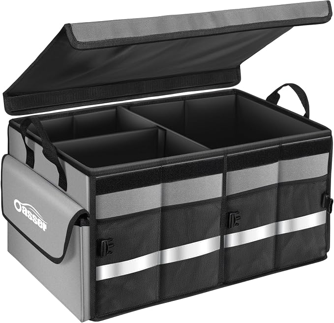 Oasser Car Trunk Organizer Collapsible Multi Compartments SUV Trunk Organizer with Reflective Strip Foldable Cover | 4 Mesh Pockets, 600D, Non-Slip Bottom, Reflective Strip, 35kg Load, for SUV Saloon Estate Daily Storage, Shop & Family Trip