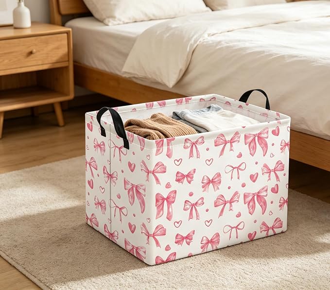Rectangular Valentines Basket for Women Girls Storage Bin Organizer Box Shelf Room Decor(Heart Bowknot)