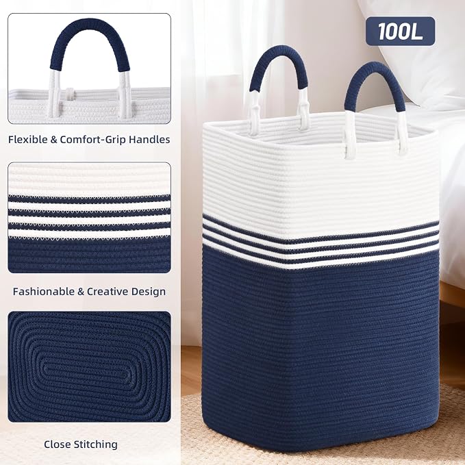 Laundry Basket Hamper,Blanket Storage,Dirty Clothes Hamper with Swivel Handles,Woven Cotton Rope Toy Baskets,Blanket Basket Living Room,Decorative Hampers for Nursery,Bedroom,White & Blue,100L
