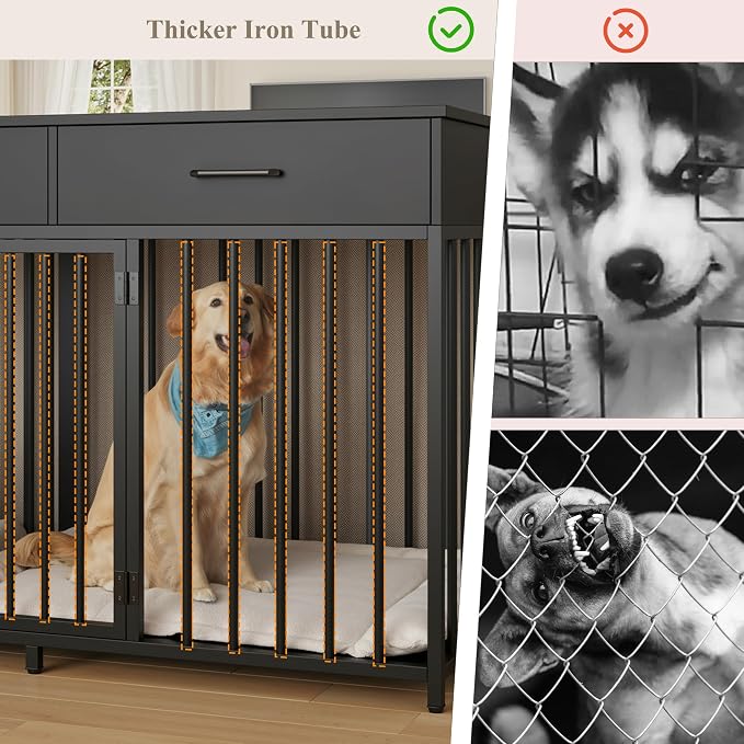 HOSTACK Double Dog Crate, 71"W Indoor Dog Kennel Furniture for 2 Dog, Black | 3 Drawers for Easy Storage, Heavy-Duty Cage, Removable Divider, Slide Bolt Latch, Modern Farmhouse Pet House for XL/XXL Dogs