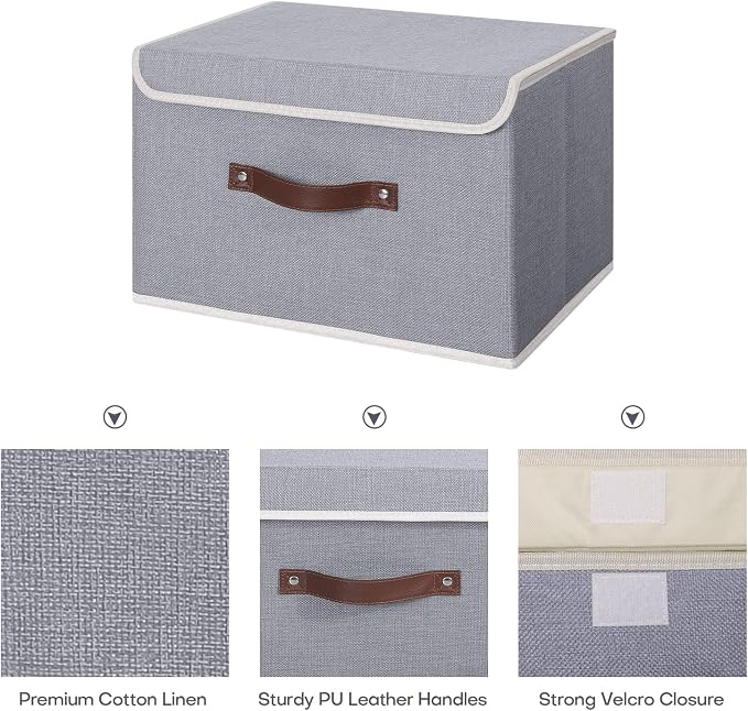 ANMINY Fabric Storage Box Bins with Lids, Gray, 13"x9"x7.9" | Keepsake Memory Storage, Cotton Linen, PP Board Reinforced, Washable, PU Handles, Foldable & Stackable, Decorative, Medium