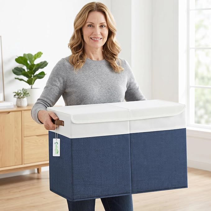Large Toy Storage Box with Lids, Collapsible Sturdy Baby Storage Organizer Chest Bin Basket for Kids, Boys, Girls, Playroom, Nursery, Bedroom, Closet 25"x13"x16" (Navy Blue and White)