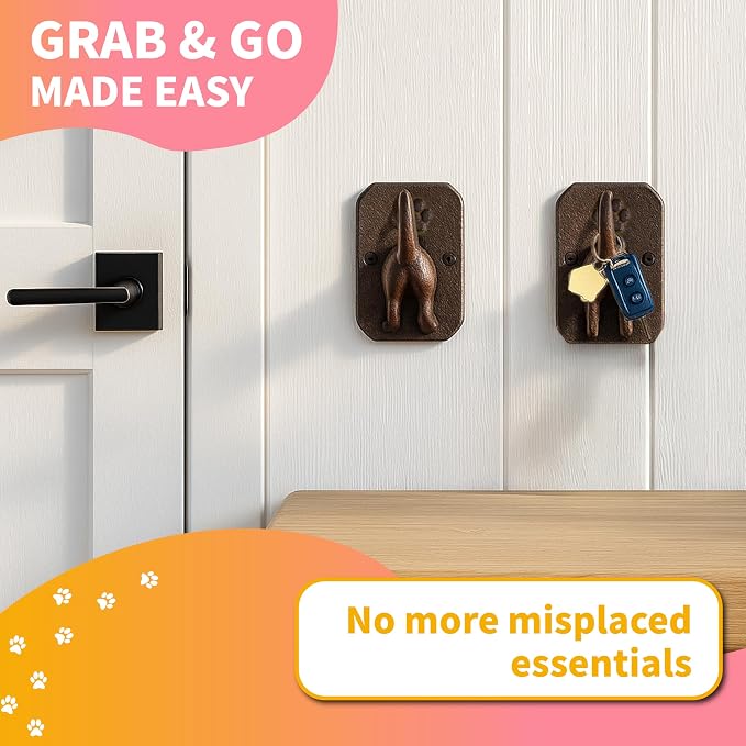 Tapeera 2 Pack Cast Iron Dog Leash Holder for Wall - Dog Butt Hooks Organizer - Heavy Duty Wall Hooks For Keys, Coat, Harness, Hat, Bag, Towel - Rustic Decorative Pet Leash Hook - Gifts for Pet Lovers
