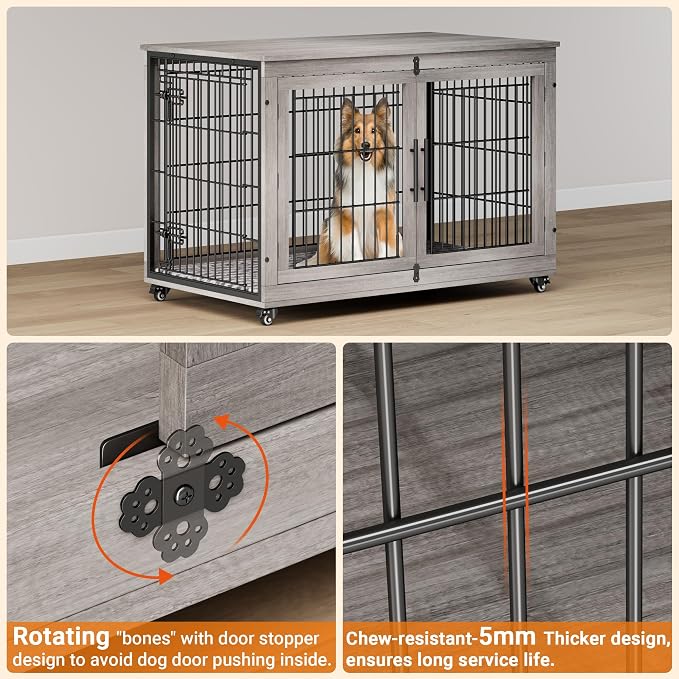 44'' Decorative Large Dog Crates Furniture w/Cushion & Wheels Wood Kennel | Grey, Double Doors, Wooden Dog Cage, Chew-Resistant, End Table, Decorative, 27"/32"/38"/44" Options, Indoor