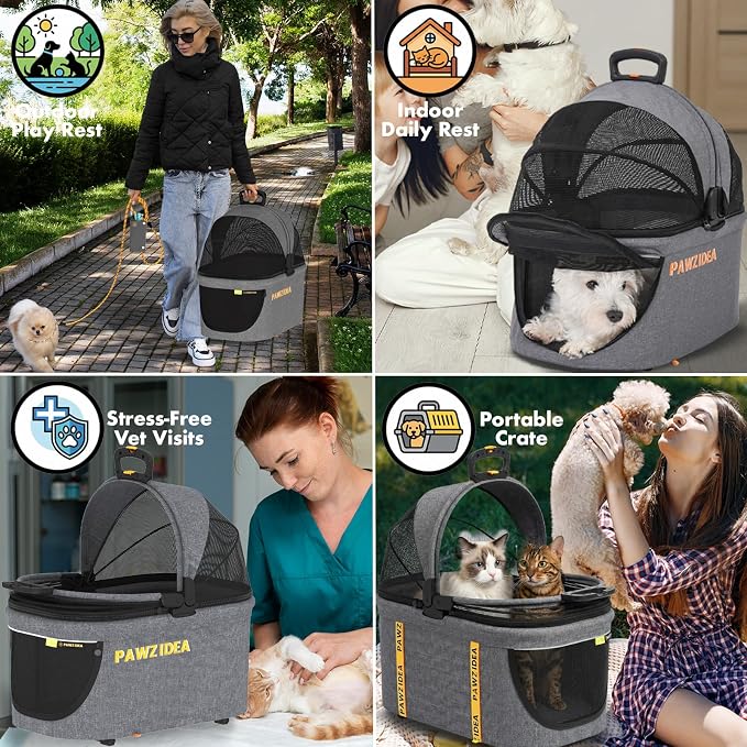 PAWZIDEA Double Pet Stroller with 2 Detachable Carrier, Multifunctional | Portable Travel Crate & Car Seat Combo & TSA-Approved Expandable Carrier, Foldable Jogger Stroller for 2–4 Cats or Small Dogs