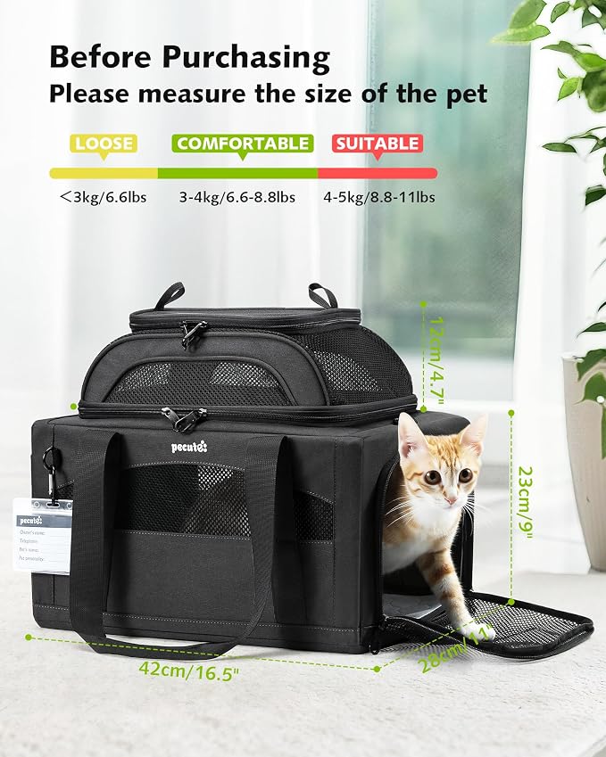 Pecute Top Expandable Airline Approved Pet Carrier for Cats, Dark Gray | Top side expandable, breathable scratch-resistant mesh, leakproof pee pad, locking zippers, foldable travel bag under 11lbs.