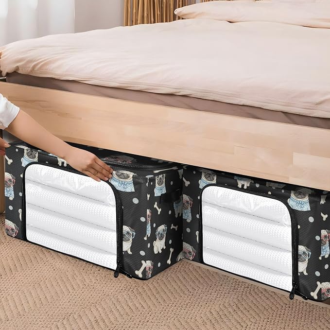 Cute Pets Pugs Black print Under Bed Storage Containers with Double Zipper Openings, Foldable Clothes Storage Bins with Clear Window and Handles for Blankets Bedding Comforters