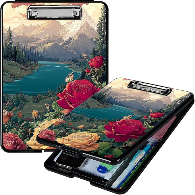 Heavy Duty Storage Clipboard, Slim Nursing Clipboard with Internal Pen Case, Portable File Organizer Case for A4 Letter Size Paper Office Medical Professionals, Rose Mountain Clouds