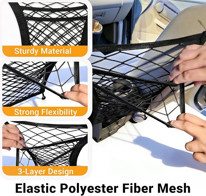 3-Layer Car Mesh Organizer - Backseat Storage & Pet Barrier for Small Dogs | 11"x8.3" net fits headrests or between seats. Holds bottles, umbrellas, tissues, toys. Keeps small dogs (<22lb) from front.