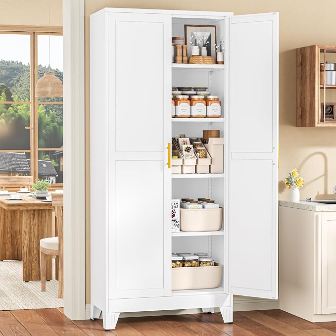 White Pantry Storage Cabinet, 71" Metal Kitchen Pantry Storage | Steel Storage Cabinets with Doors and 4 Adjustable Shelves, Metal Storage Cabinet, for Office, Home, Garage, School