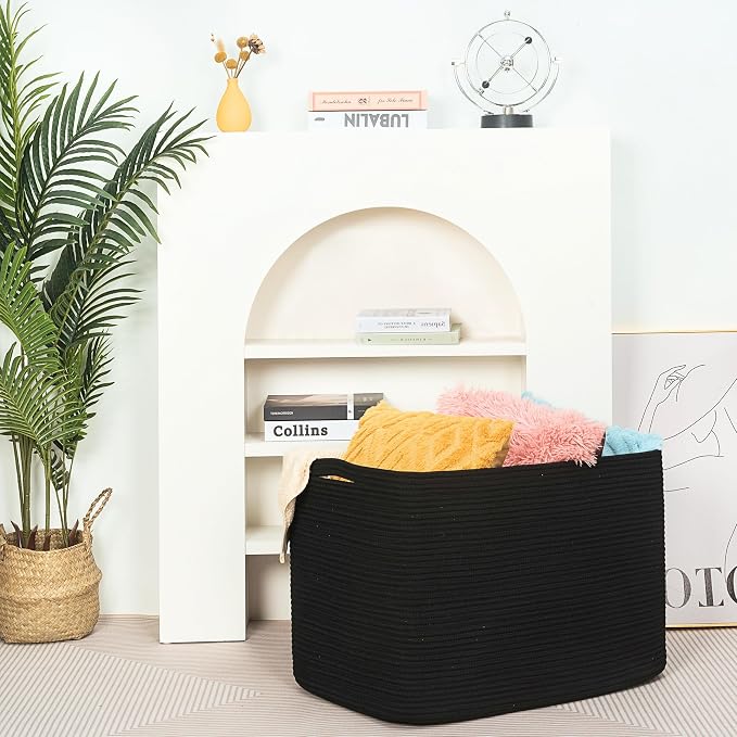 112L Extra Large Blanket Basket Holder Living Room, 25"x17"x16" Rectangle Rope Woven Storage Basket with Handles for Laundry, Pool Towels, Shoes, Dog Toy Organizer Bin Box, Black