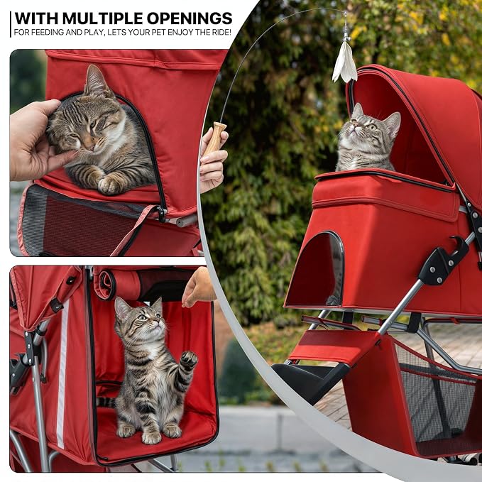 MoNiBloom Pet Stroller for Small/Medium Dogs and Cats up to 33 lbs, Red | Foldable Dog Stroller 3 Wheels Pet Strolling Cart w/ Storage Basket Cup Holder, Breathable and Visible Mesh for All-Season