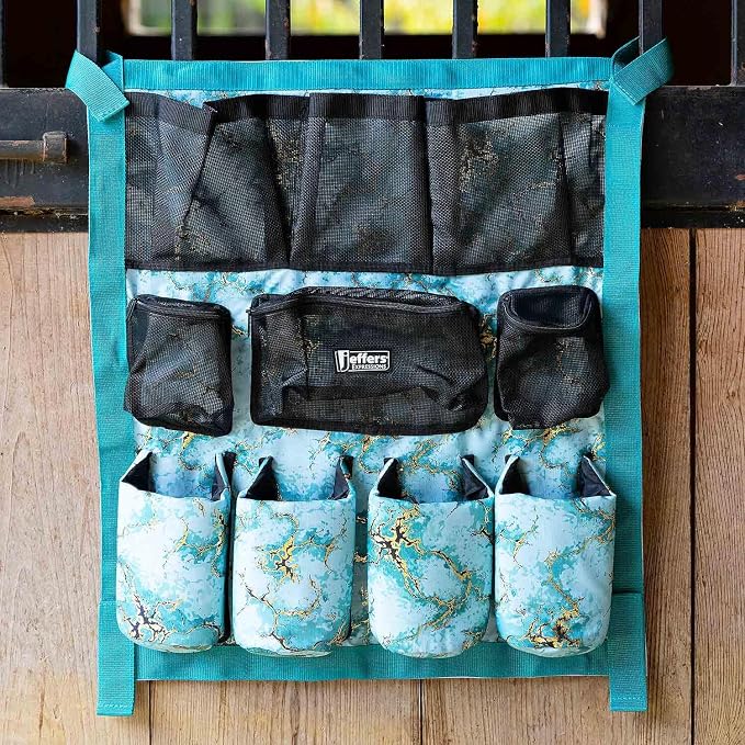 Jeffers Expression Trailer Door Horse Grooming Caddy, Easy Hang Portable Equestrian Organizer, Mesh Pockets, Zippered Compartment, Padded Pockets for Brushes, Water Bottle, Accessories - Bisbee Blue