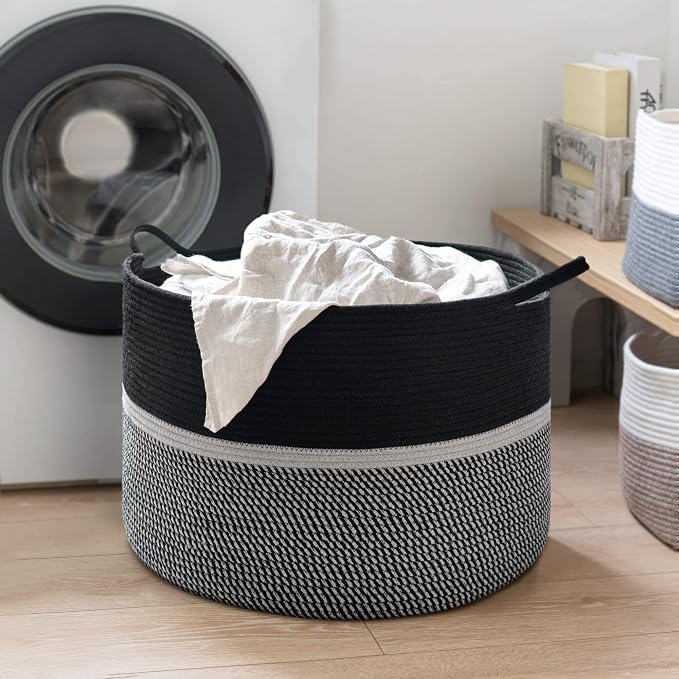 CHICVITA Extra Large Woven Rope Blanket Basket with Handles, Black | Laundry basket for towels, clothes, toys, pillows. For living room, family room, 22x22x14 inches