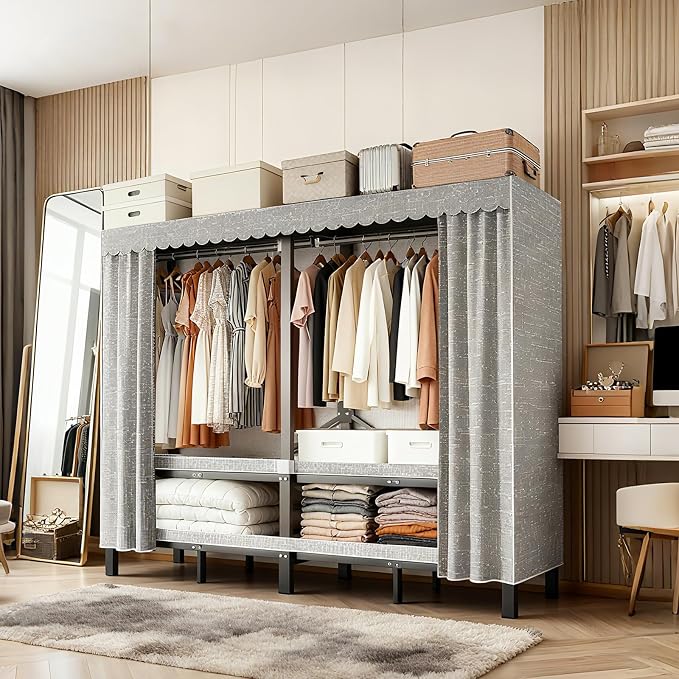 66.1in Heavy Duty Portable Closet, Foldable Wardrobe Closet with Cover, Metal Clothing Shelves for Clothes Organizers and Storage, for Bedrooms, Apartments, Rental Properties (Grey, 66.1in)