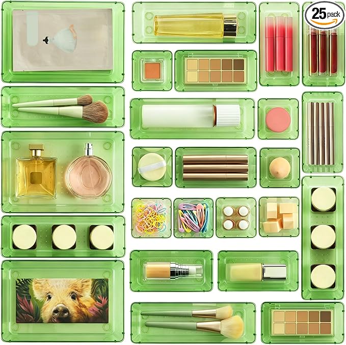 Vtopmart 25 Pack Plastic Drawer Organizers with Non-slip Rubber Pads | 4-Size Versatile Makeup Organizer, Storage Containers Small Bins for Makeup, Jewelries, Bedroom, Kitchen Utensils and Office