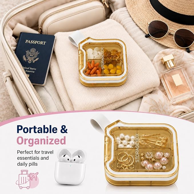 Travel Pill Organizer with Silicone Carry Loop, Small Pill Case | 4 Compartments Compact Pill Box for Vitamins Supplements Daily Medications, Purse Backpack Office