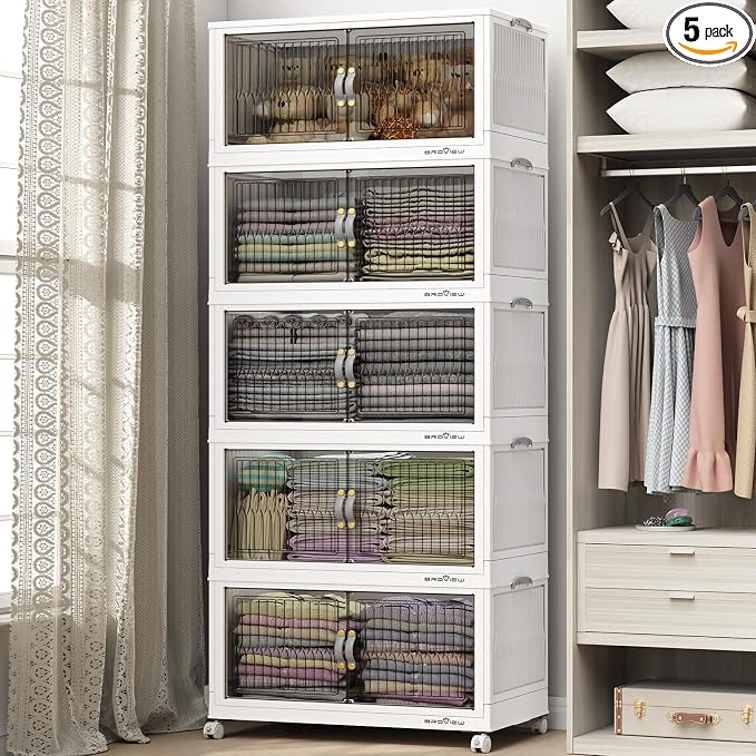 BROVIEW 600Qt Stackable Storage Bins with Lid for Home Dorm, 5Pack White | Closet Organizers, Foldable & Collapsible Cabinets, Large Containers, Wheels & Magnetic Doors, Plastic Drawers for School