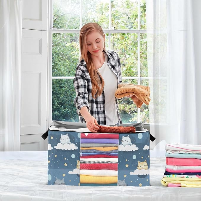Cute Cats Cloud Clothes Storage Bag Bins 2 Pack Foldable Storage Containers Large Closet Organizer with Zipper Blanket Storage Bag for Pillows Clothing Comforters 60L