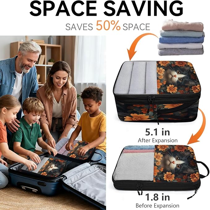 Cat 6 Set Compression Packing Cubes Flower Cat Expandable Packing Organizer for Travel Accessories Luggage Suitcase Bag