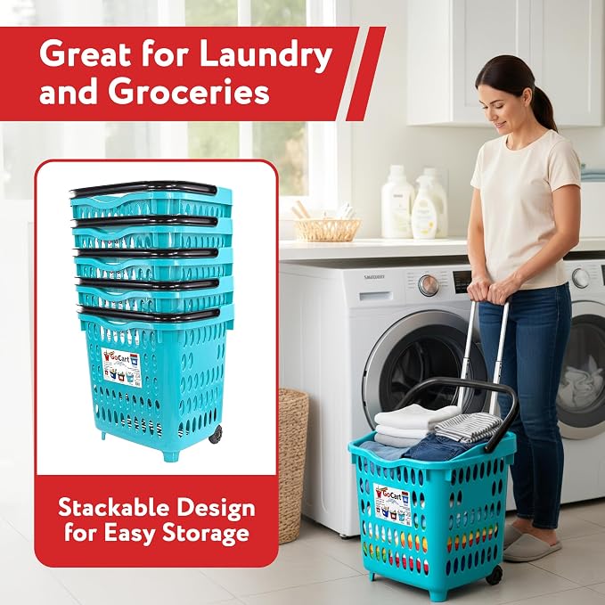 dbest products Bigger GoCart Grocery Cart Rolling Shopping Laundry Basket on Wheels Hamper with Telescopic Handle Cleaning Caddy Trolley, Teal, Bigger 1 pack