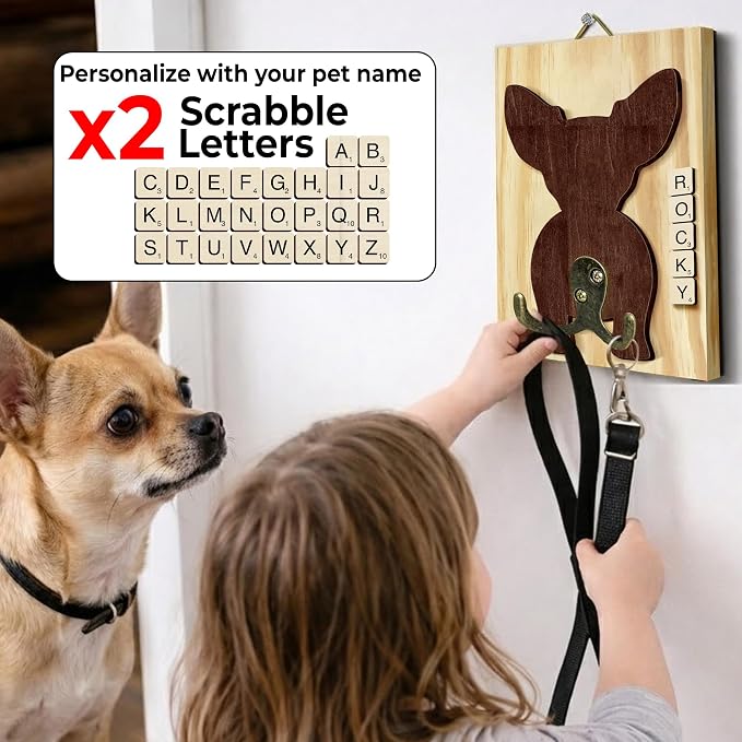 Chihuahua Dog Leash Holder Wall Mount with Scrabble Letters, Wooden Dog Wall Hook Organizer, Pet Collar and Harness Holder for Entryway, Key Hook and Leash Rack, Pet Lovers Gift Home Decor PF297-25