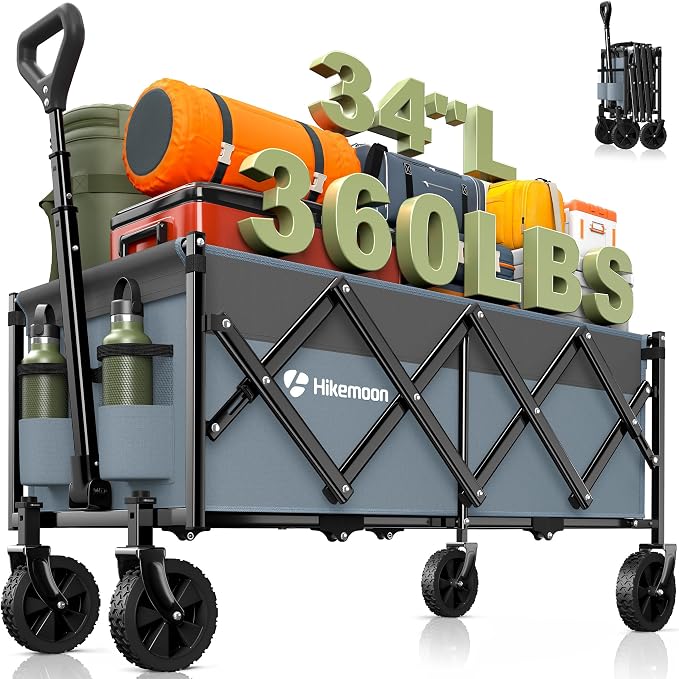 34'' Extra Long Folding Portable Wagon, 120L 360LBS Blue & Grey | Wagons Carts Foldable, Heavy Duty, Collapsible Compact Storage, Utility for Shopping/Grocery/Garden/Camping/Sports