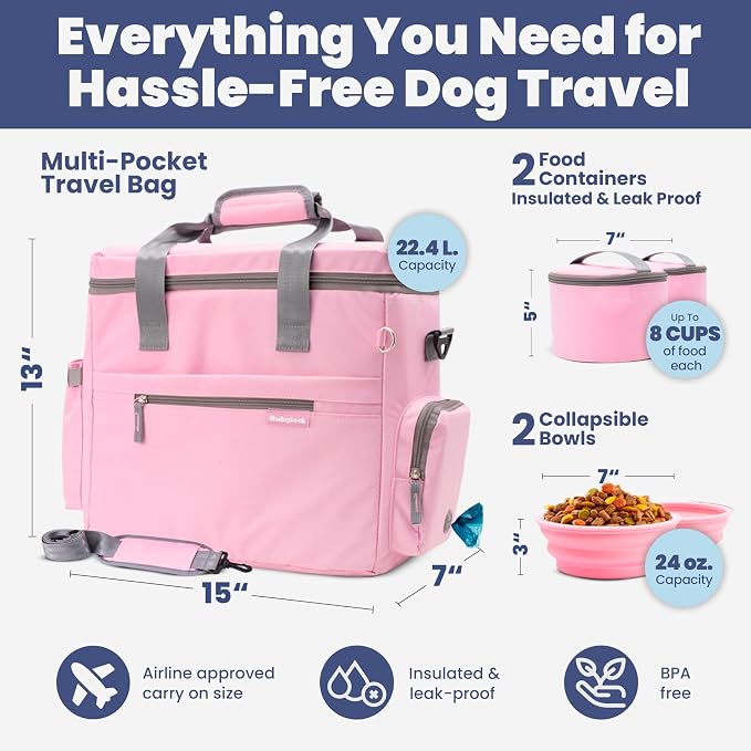 Original Doggy Bag™ Dog Travel Bag for Supplies with Travel Bowls | 2 BPA-Free Collapsible Bowls, 2 Pet Food Containers, TSA-Ready, Road Trips, Camping, Weekend Getaways, Doggy Gift, Lt. Pink
