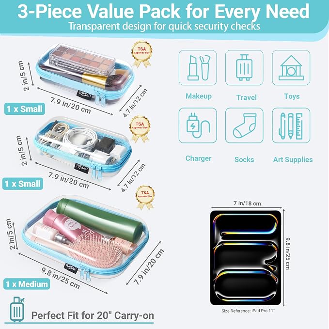 YQBRAO Clear Hard Shell Zipper Cases, 6 Travel Organizers, 2M 4S, Blue | Rigid clear shells in two practical sizes separate toiletries, skincare, cosmetics, chargers and frequently used accessories