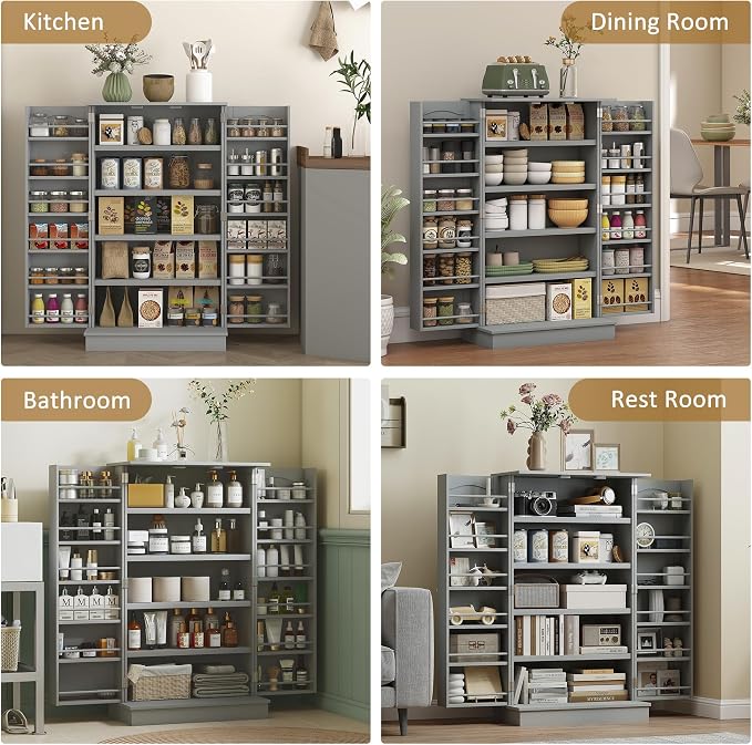 HOMCOM 41" Kitchen Pantry Storage Cabinet 12 Door Shelves Double Doors Gray | Freestanding Kitchen Cabinet, 2 Doors, 5-Tier Shelving, Adjustable Shelves