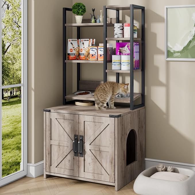 Saudism Cat Litter Box Enclosure with Storage Shelves, Tall Cat Litter Box Furniture Hidden with Feeding Station, Farmhouse Cat LitterBox Cabinet with Barn Door for Living Room, Bedroom, Gray