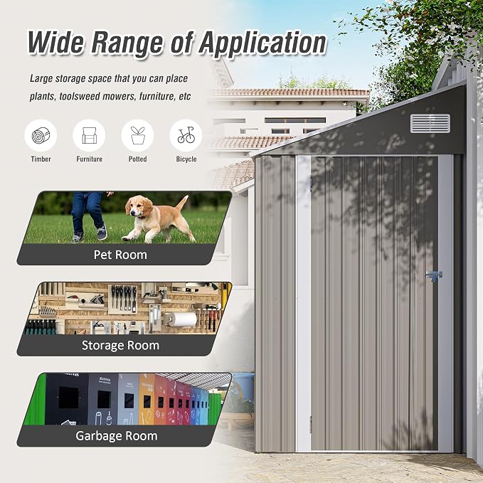 4x8FT Metal Storage Shed, Sloping Roof, Single Hinge Door,Dark Gray | Outdoor Tool Shed | Ventilation Windows | Waterproof | Protective Film | for Patio, Lawn and Utility Equipment