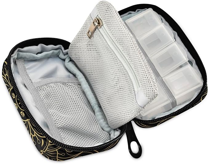 Vintage Floral Mandala Pill Case, Weekly Portable Pill Bag Container 7 Days Pill Box Organizer Vitamin Supplement Holder with Zipper for Travel Family Business