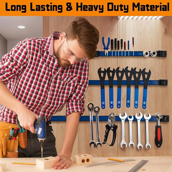 18" Magnetic Tool Holder Strip, 4 Pieces Blue Metal Tool Organizer Rack with Stainless Steel Surface, Magnet Bar for Garage Workshop, Easy To Install with Mounting Screws