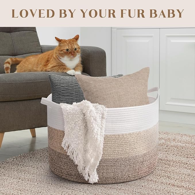 Maliton Woven Rope Blanket Basket Living Room, Storage Toy Basket, 90L | 22"x22"x14" Cotton Rope Basket for blankets, towels & laundry. In Bedroom, Nursery, Bath & Playroom. Soft & durable.