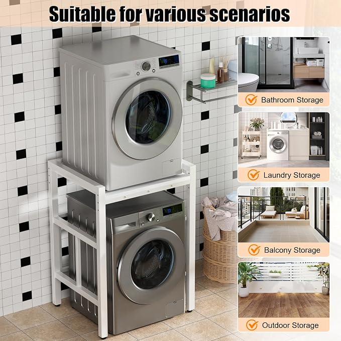 Washer Dryer Stacking Rack, 550lbs Capacity Heavy Duty Washing Machine Storage Utility Rack with Countertop, Height Adjustable Washing Machine Shelf for Laundry Rooms Bathrooms (B)