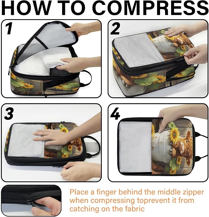 Highland Cow 6 Set Compression Packing Cubes Floral Sunflower Expandable Packing Organizer for Travel Accessories Luggage Suitcase Bag