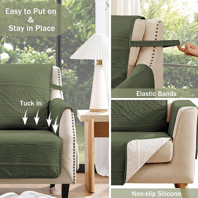Boho Quilted Recliner Covers, Water-Repellent Recliner Slipcovers, Lazy Boy Chair Covers, Pet Friendly Recliner Cover for Dogs Cats, Washable Furniture Protector (Recliner 22", Olive Green)