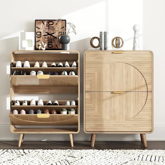 Shoe Storage Cabinet with 2 Flip Drawers for Entryway, 27.5" Freestanding Hidden Shoe Rack Cabinet, Narrow Shoe Organizer for Hallway, Foyer, Oak