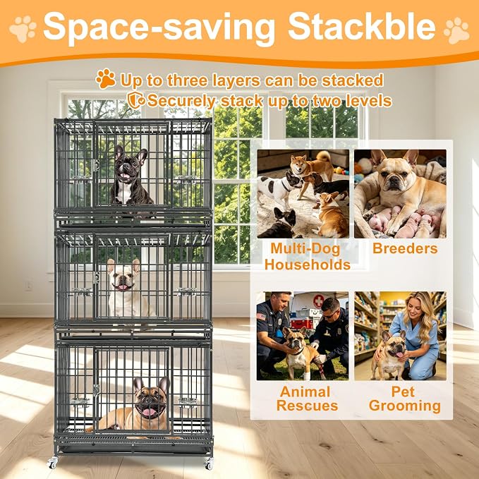Homey Pet 4 Pack Three Tier 37" Heavy Duty Stackable Dog Crate with Wheels | Drop Cages for Dogs with Escape proof Locks, Tray, Bowl, Open Top, for Small and Medium Dogs, Breeders and Multi-dog Homes