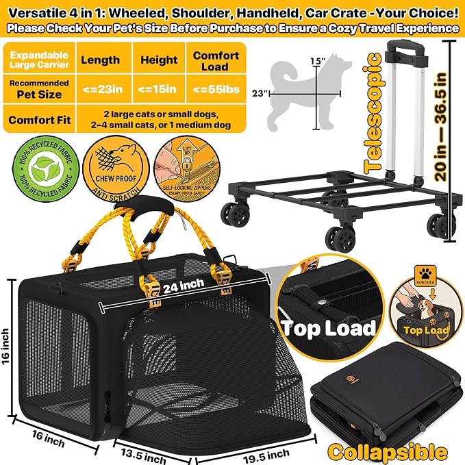 PAWZIDEA Expandable Large Pet Carrier with Wheels, 24x16x16 in Rolling Cat Carrier for 2–4 Cats up 55lb, Soft-Sided Collapsible Small Medium Dog Crate for Car Travel, Telescopic Handle, Storage Pocket