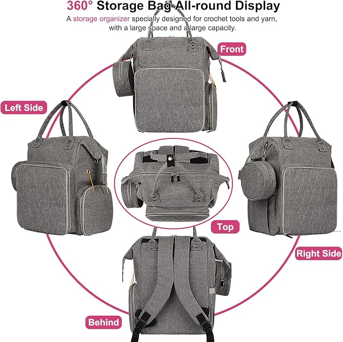 Coopay Huge Crochet Bag, Travel Knitting Bag Yarn Storage Knitting Tote Bag | 7.48''x 11.41''x 14.57''Large Capacity Yarn Storage Organizer for Unfinished Project, Yarn, Knitting & Crochet Supplies, Gray