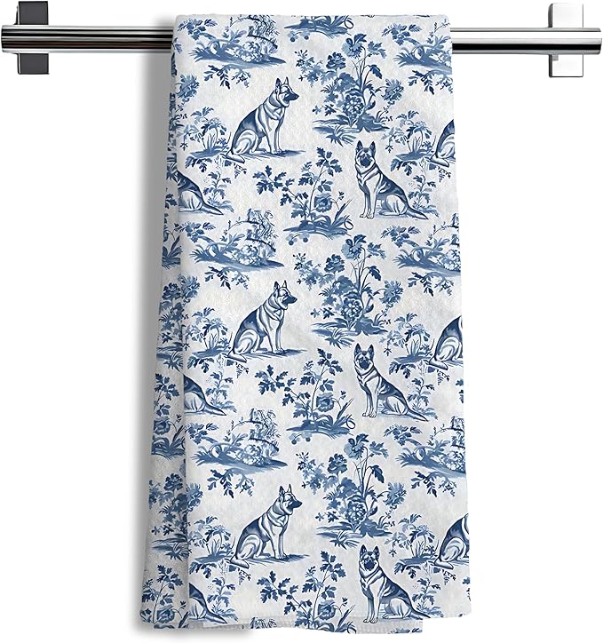 Chinoiserie German Shepherd Kitchen Towels, Blue and White Floral Botanical Grandmillennial Dog Decor Dish Tea Towels, German Shepherd Gifts Hand Towels for Kitchen Bathroom, 16x24 Inch
